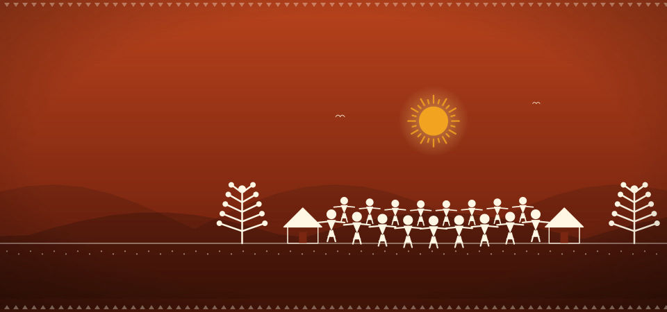 चित्रात्मक प्रतिमा: हातात हात घालून नाचणारी मुले आणि गावकरी (वारली शैलीतील चित्र)